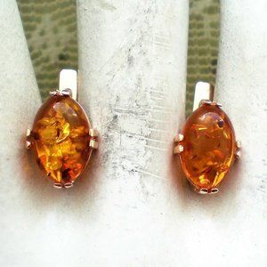 Russian Russia Solid 14K 585 Rose Pink Gold Russian Baltic Honey Amber Earrings